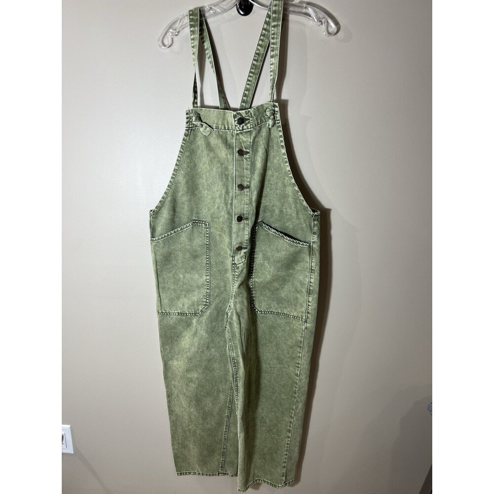 Easel Loose Fit Washed Denim Bib Overalls Green Boho Hippie Large